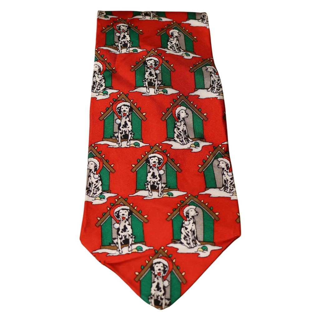 Vintage 90s Hallmark Holiday Traditions Dalmatian Dog Christmas Necktie Mens Red